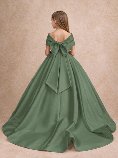 Off Shoulder Satin Flower Girl Dress with Bow Floor Length Princess Gown for Wedding First Communion