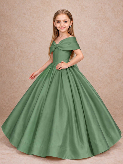 Off Shoulder Satin Flower Girl Dress with Bow Floor Length Princess Gown for Wedding First Communion