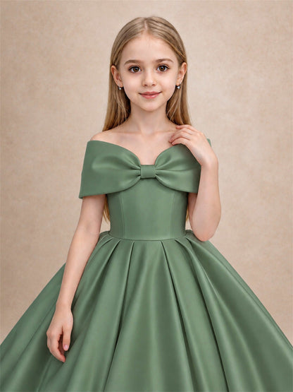 Off Shoulder Satin Flower Girl Dress with Bow Floor Length Princess Gown for Wedding First Communion