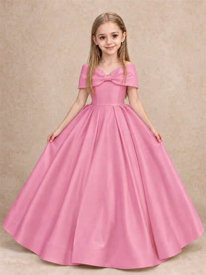 Off Shoulder Satin Flower Girl Dress with Bow Floor Length Princess Gown for Wedding First Communion