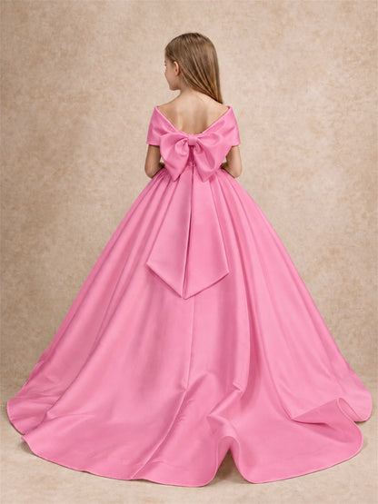 Off Shoulder Satin Flower Girl Dress with Bow Floor Length Princess Gown for Wedding First Communion