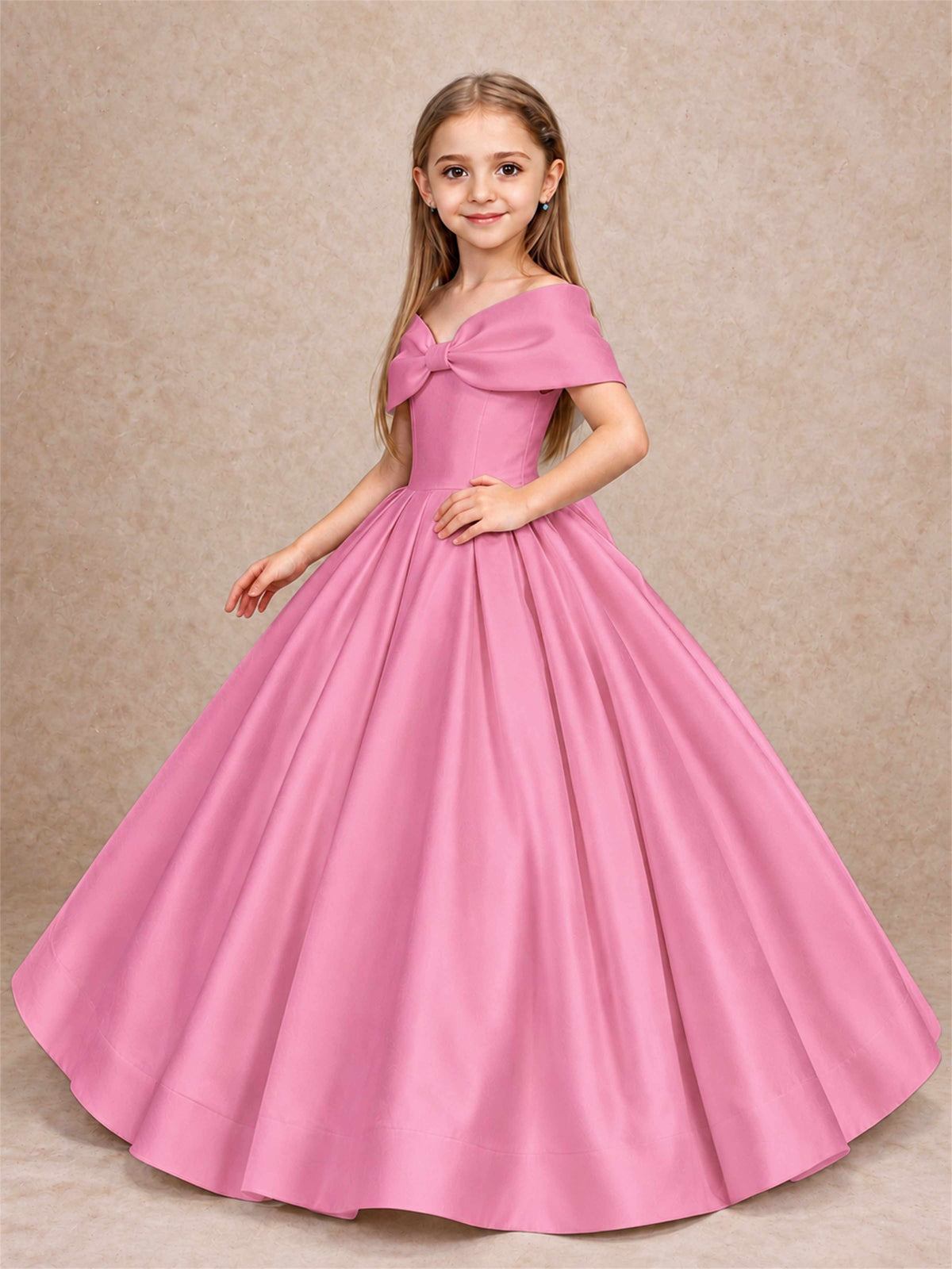 Off Shoulder Satin Flower Girl Dress with Bow Floor Length Princess Gown for Wedding First Communion