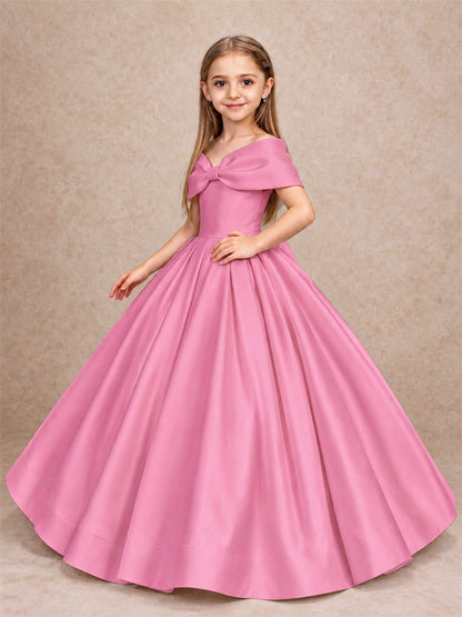 Off Shoulder Satin Flower Girl Dress with Bow Floor Length Princess Gown for Wedding First Communion
