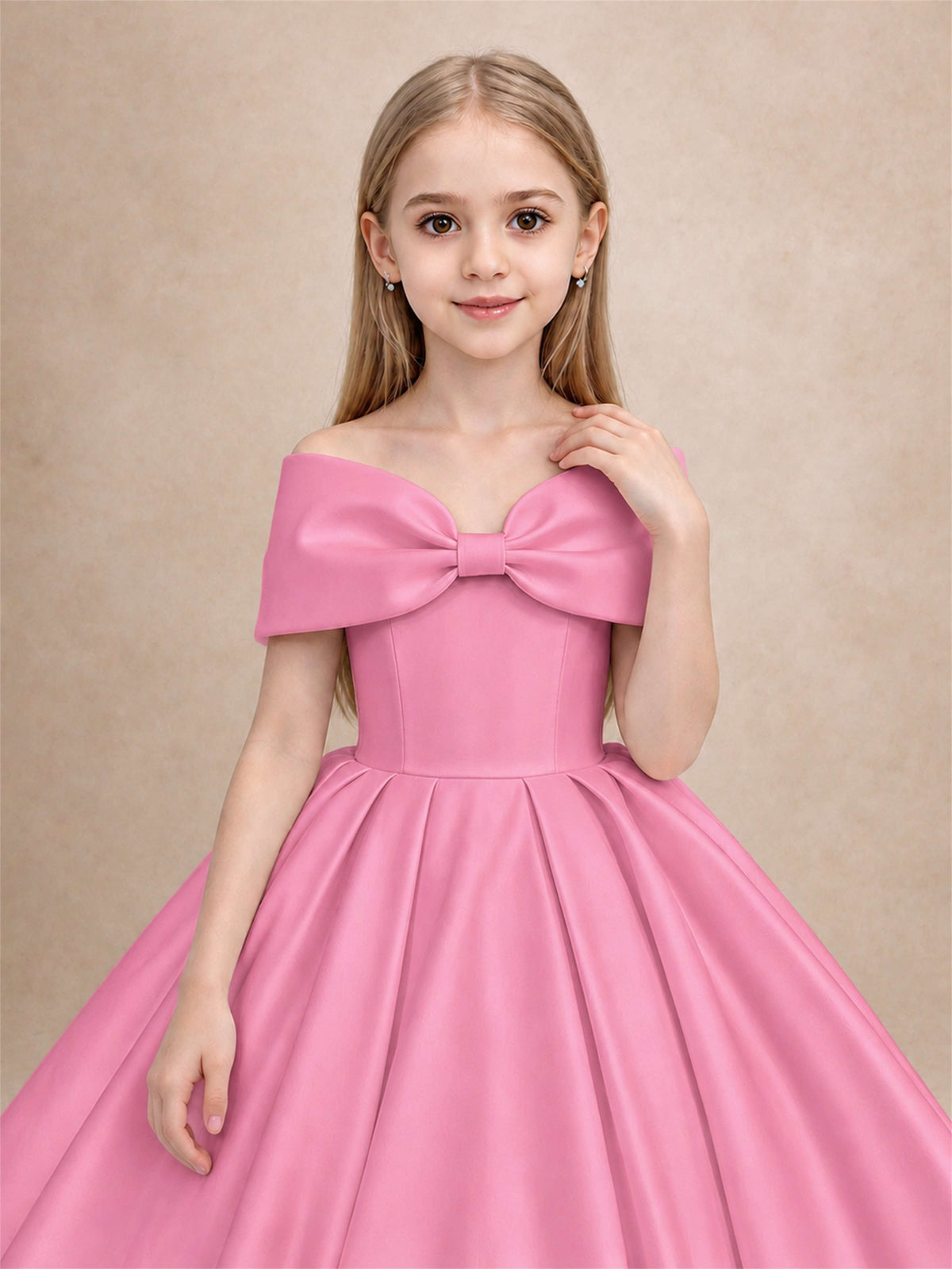 Off Shoulder Satin Flower Girl Dress with Bow Floor Length Princess Gown for Wedding First Communion