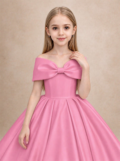 Off Shoulder Satin Flower Girl Dress with Bow Floor Length Princess Gown for Wedding First Communion