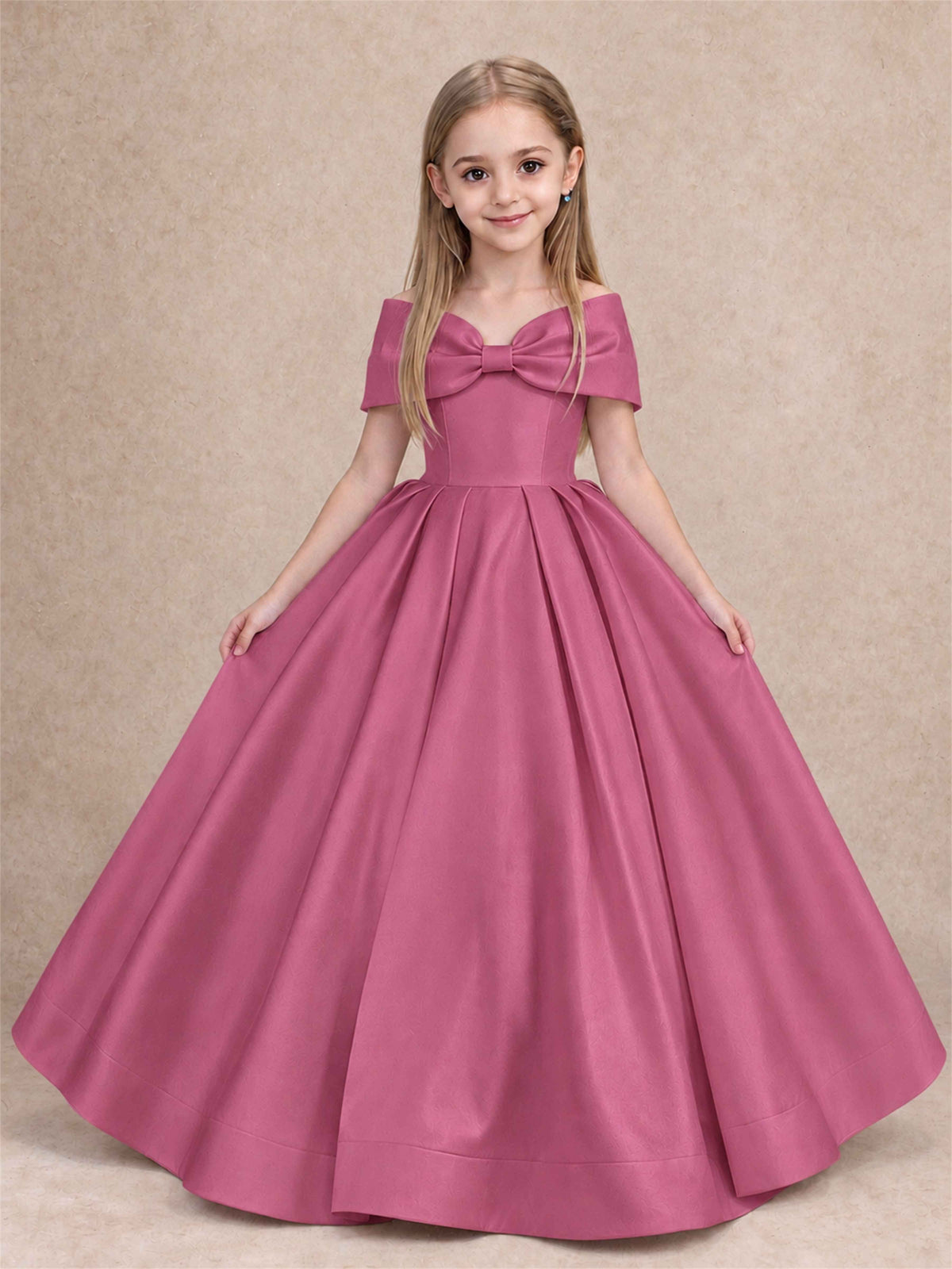 Off Shoulder Satin Flower Girl Dress with Bow Floor Length Princess Gown for Wedding First Communion