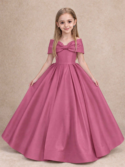 Off Shoulder Satin Flower Girl Dress with Bow Floor Length Princess Gown for Wedding First Communion