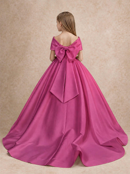 Off Shoulder Satin Flower Girl Dress with Bow Floor Length Princess Gown for Wedding First Communion