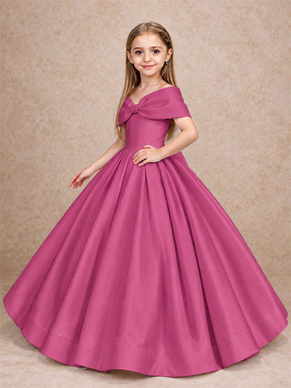 Off Shoulder Satin Flower Girl Dress with Bow Floor Length Princess Gown for Wedding First Communion