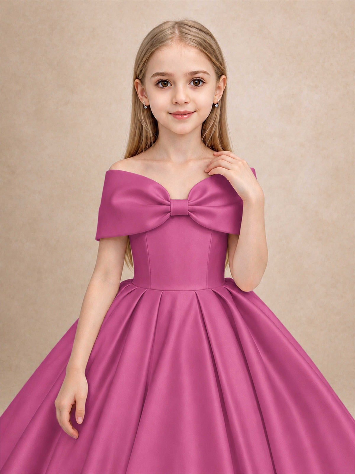 Off Shoulder Satin Flower Girl Dress with Bow Floor Length Princess Gown for Wedding First Communion