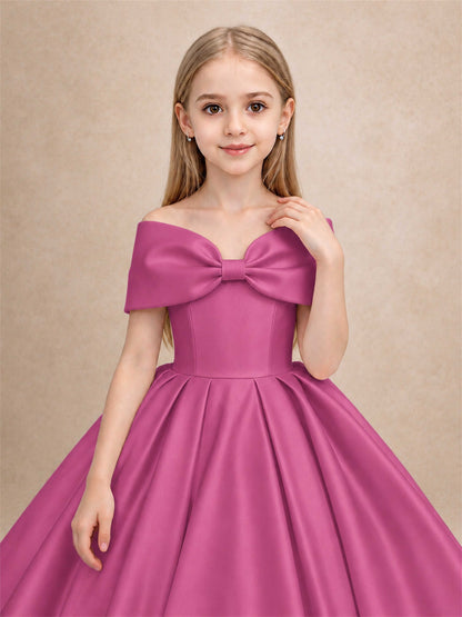 Off Shoulder Satin Flower Girl Dress with Bow Floor Length Princess Gown for Wedding First Communion