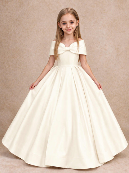 Off Shoulder Satin Flower Girl Dress with Bow Floor Length Princess Gown for Wedding First Communion