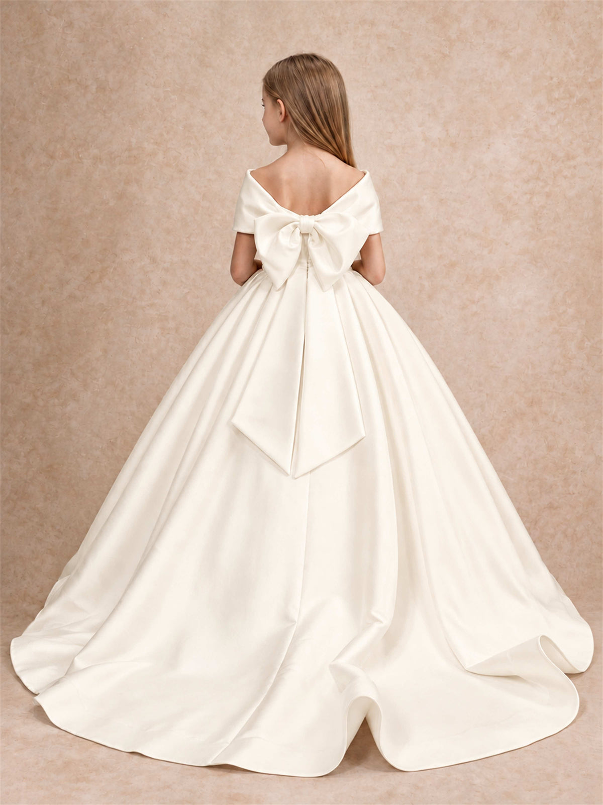 Off Shoulder Satin Flower Girl Dress with Bow Floor Length Princess Gown for Wedding First Communion