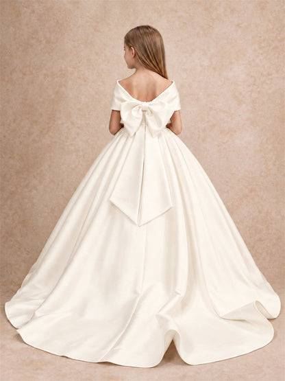 Off Shoulder Satin Flower Girl Dress with Bow Floor Length Princess Gown for Wedding First Communion
