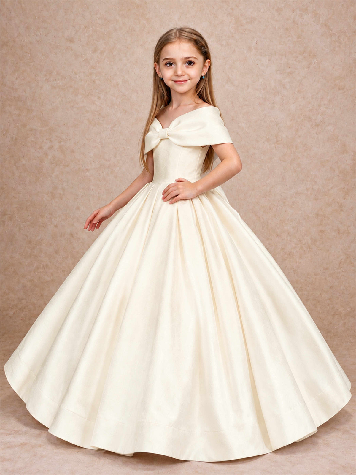 Off Shoulder Satin Flower Girl Dress with Bow Floor Length Princess Gown for Wedding First Communion