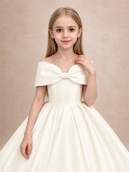 Off Shoulder Satin Flower Girl Dress with Bow Floor Length Princess Gown for Wedding First Communion