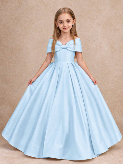 Off Shoulder Satin Flower Girl Dress with Bow Floor Length Princess Gown for Wedding First Communion