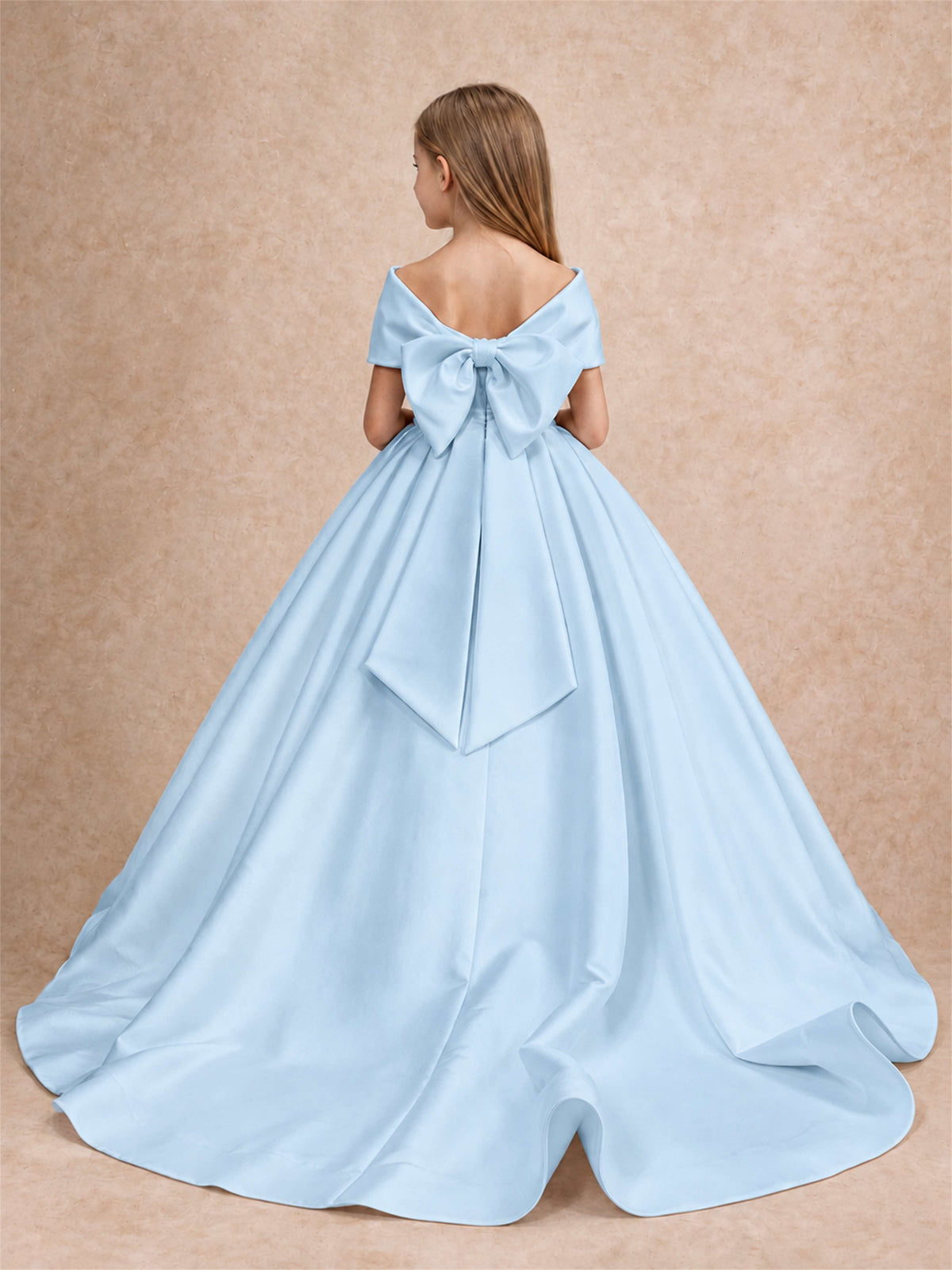 Off Shoulder Satin Flower Girl Dress with Bow Floor Length Princess Gown for Wedding First Communion