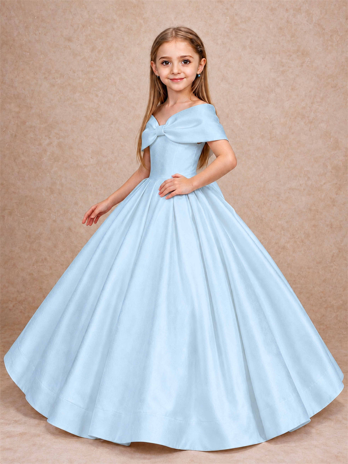 Off Shoulder Satin Flower Girl Dress with Bow Floor Length Princess Gown for Wedding First Communion