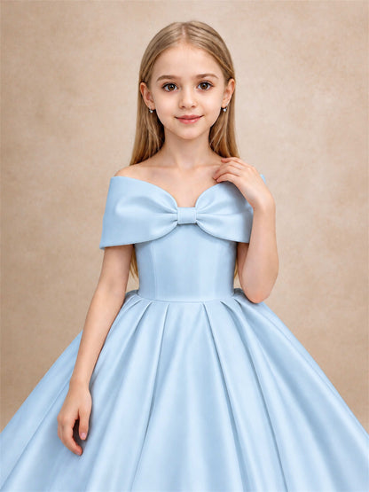 Off Shoulder Satin Flower Girl Dress with Bow Floor Length Princess Gown for Wedding First Communion