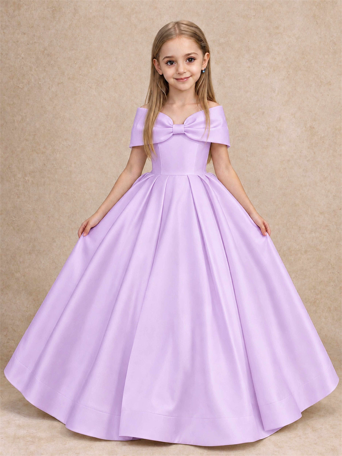 Off Shoulder Satin Flower Girl Dress with Bow Floor Length Princess Gown for Wedding First Communion