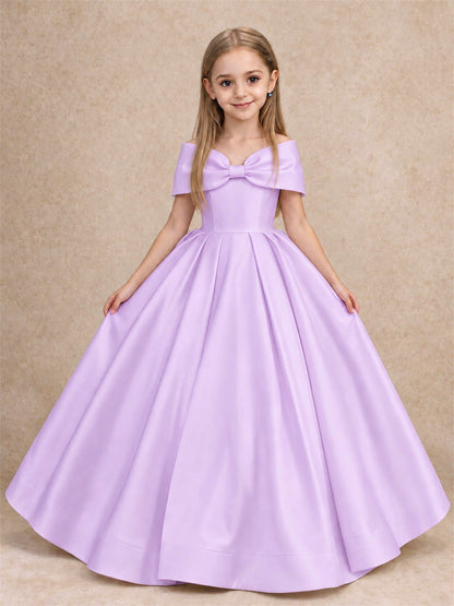 Off Shoulder Satin Flower Girl Dress with Bow Floor Length Princess Gown for Wedding First Communion