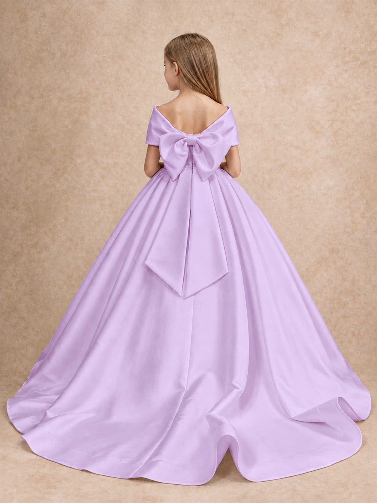 Off Shoulder Satin Flower Girl Dress with Bow Floor Length Princess Gown for Wedding First Communion
