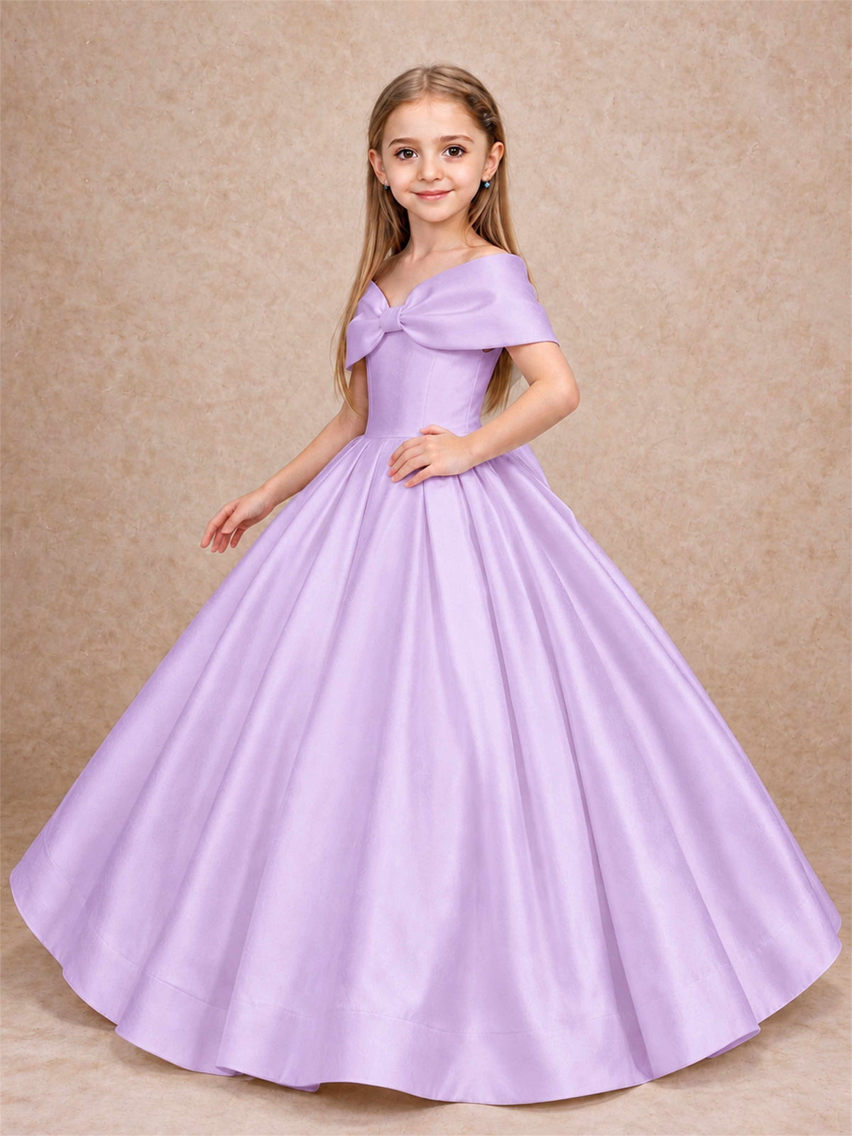 Off Shoulder Satin Flower Girl Dress with Bow Floor Length Princess Gown for Wedding First Communion