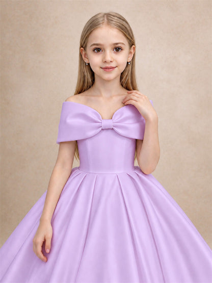 Off Shoulder Satin Flower Girl Dress with Bow Floor Length Princess Gown for Wedding First Communion