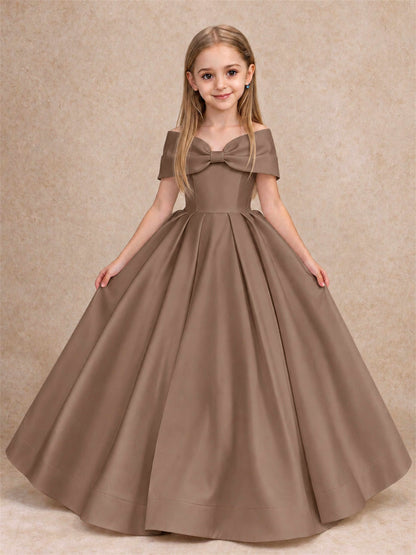Off Shoulder Satin Flower Girl Dress with Bow Floor Length Princess Gown for Wedding First Communion