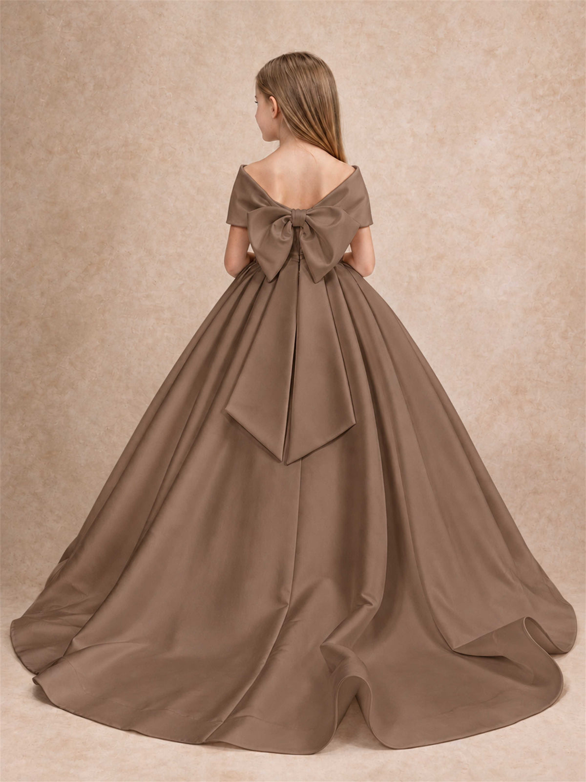 Off Shoulder Satin Flower Girl Dress with Bow Floor Length Princess Gown for Wedding First Communion