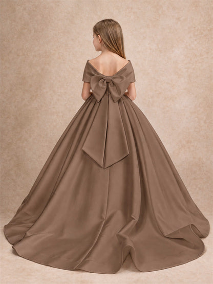Off Shoulder Satin Flower Girl Dress with Bow Floor Length Princess Gown for Wedding First Communion