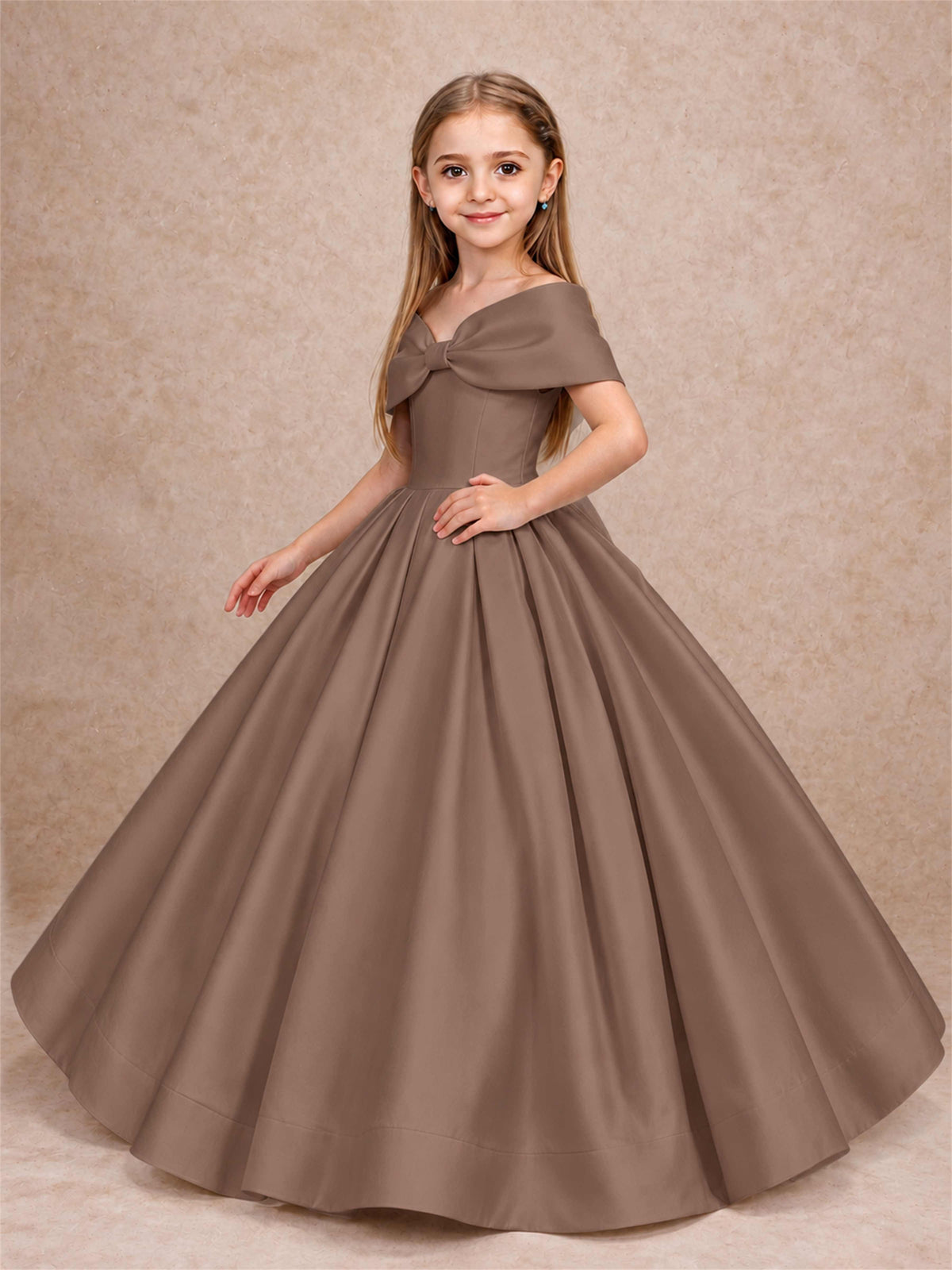 Off Shoulder Satin Flower Girl Dress with Bow Floor Length Princess Gown for Wedding First Communion