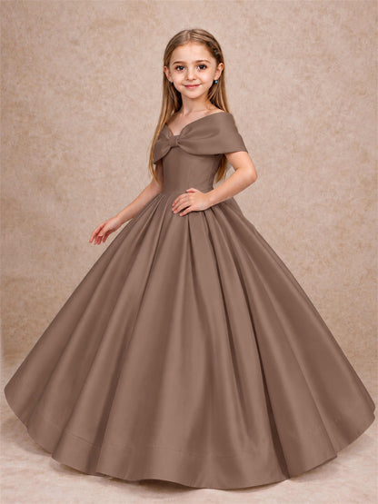 Off Shoulder Satin Flower Girl Dress with Bow Floor Length Princess Gown for Wedding First Communion