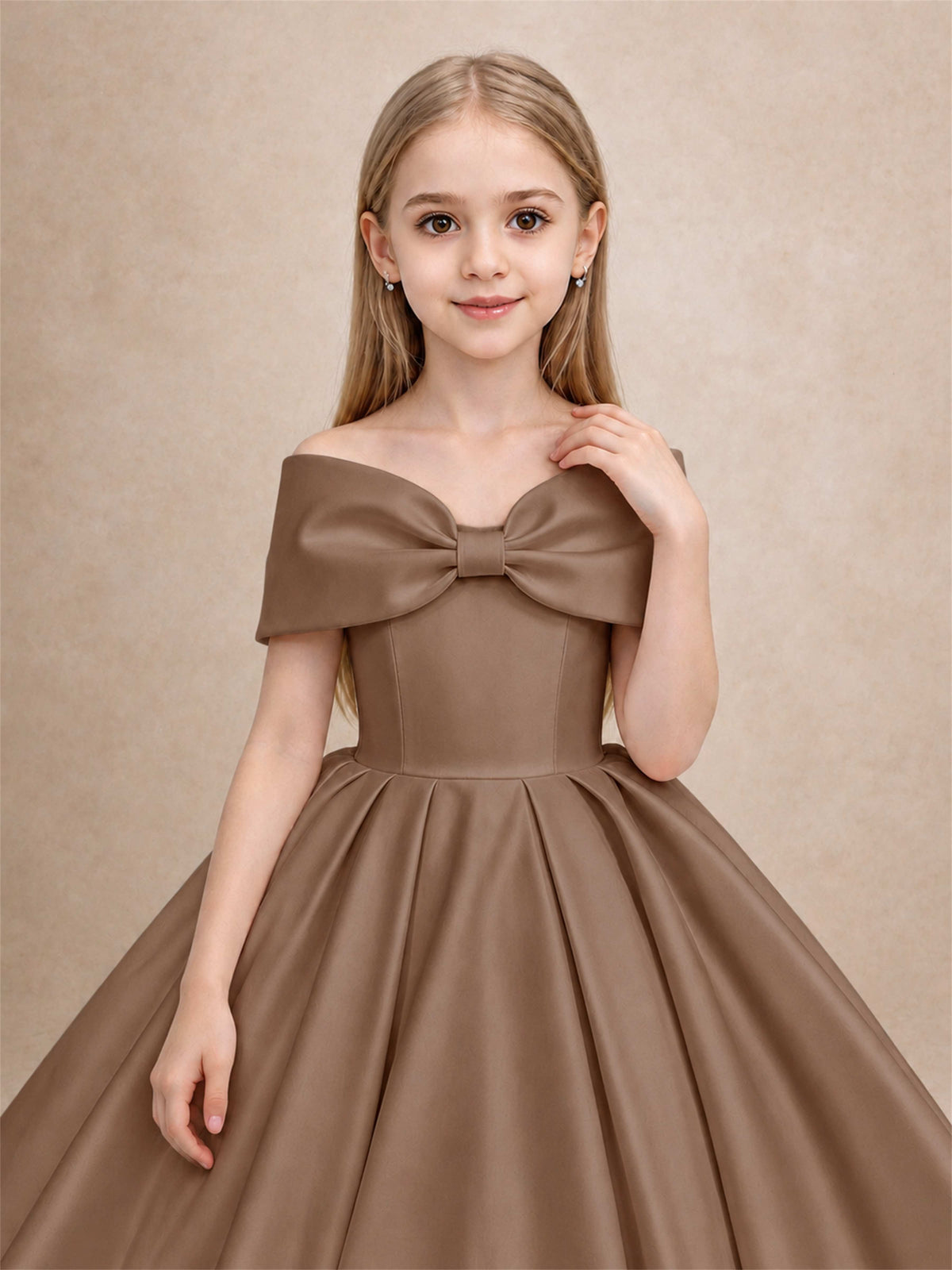 Off Shoulder Satin Flower Girl Dress with Bow Floor Length Princess Gown for Wedding First Communion