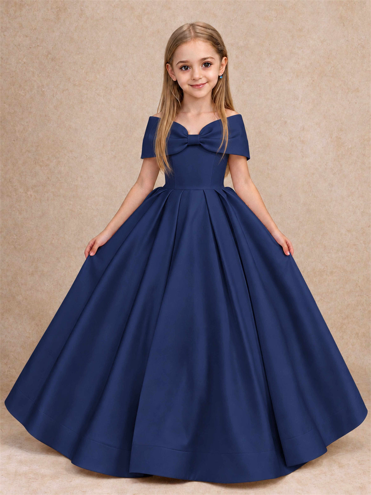 Off Shoulder Satin Flower Girl Dress with Bow Floor Length Princess Gown for Wedding First Communion