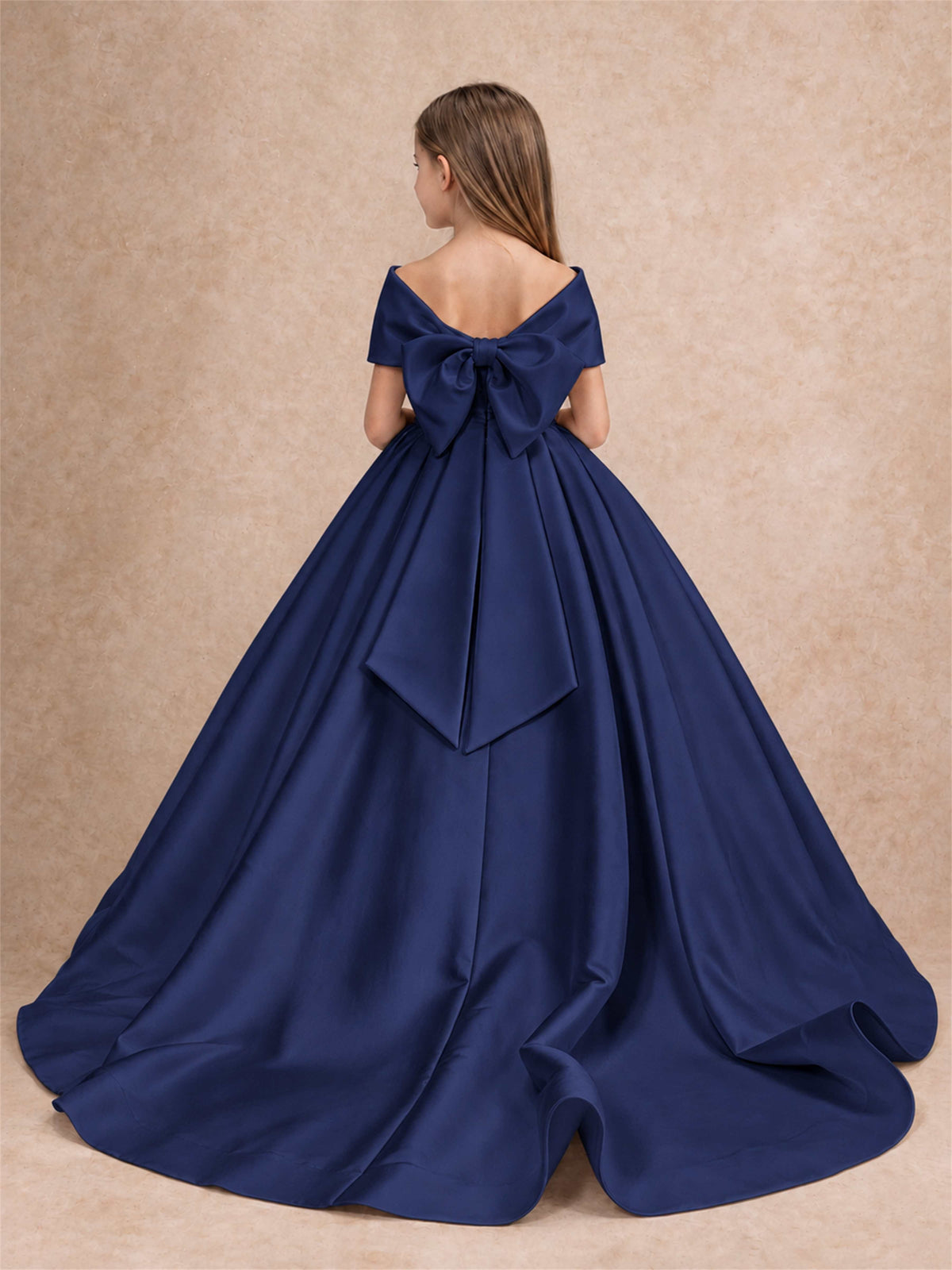 Off Shoulder Satin Flower Girl Dress with Bow Floor Length Princess Gown for Wedding First Communion