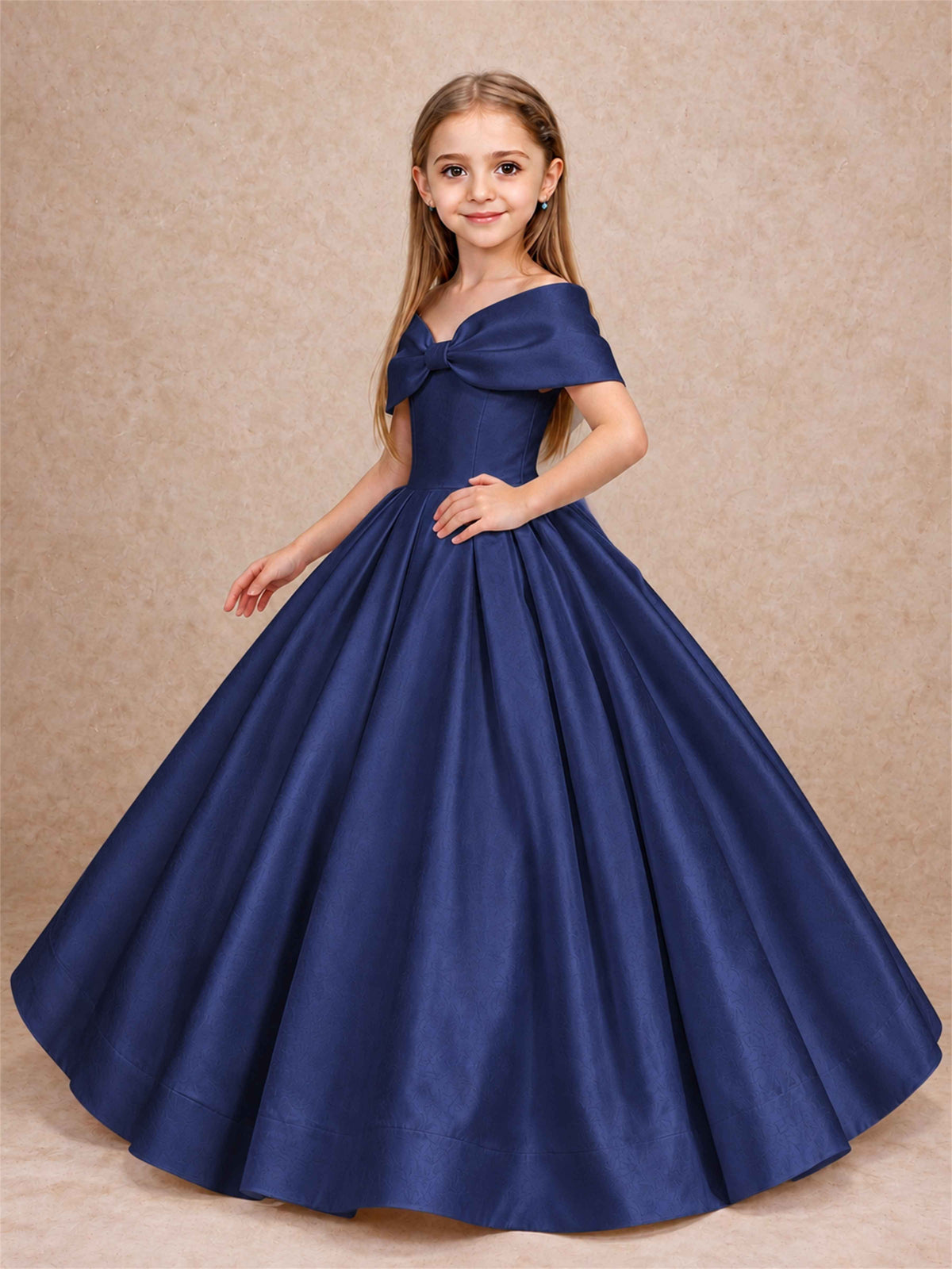 Off Shoulder Satin Flower Girl Dress with Bow Floor Length Princess Gown for Wedding First Communion