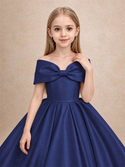 Off Shoulder Satin Flower Girl Dress with Bow Floor Length Princess Gown for Wedding First Communion