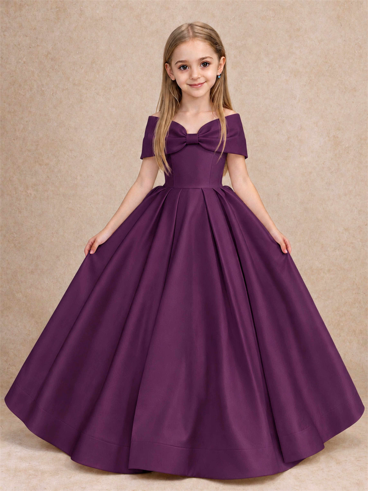 Off Shoulder Satin Flower Girl Dress with Bow Floor Length Princess Gown for Wedding First Communion