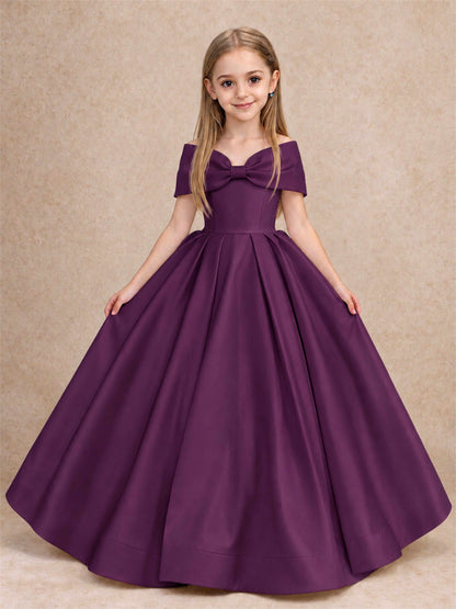 Off Shoulder Satin Flower Girl Dress with Bow Floor Length Princess Gown for Wedding First Communion