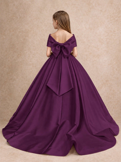 Off Shoulder Satin Flower Girl Dress with Bow Floor Length Princess Gown for Wedding First Communion
