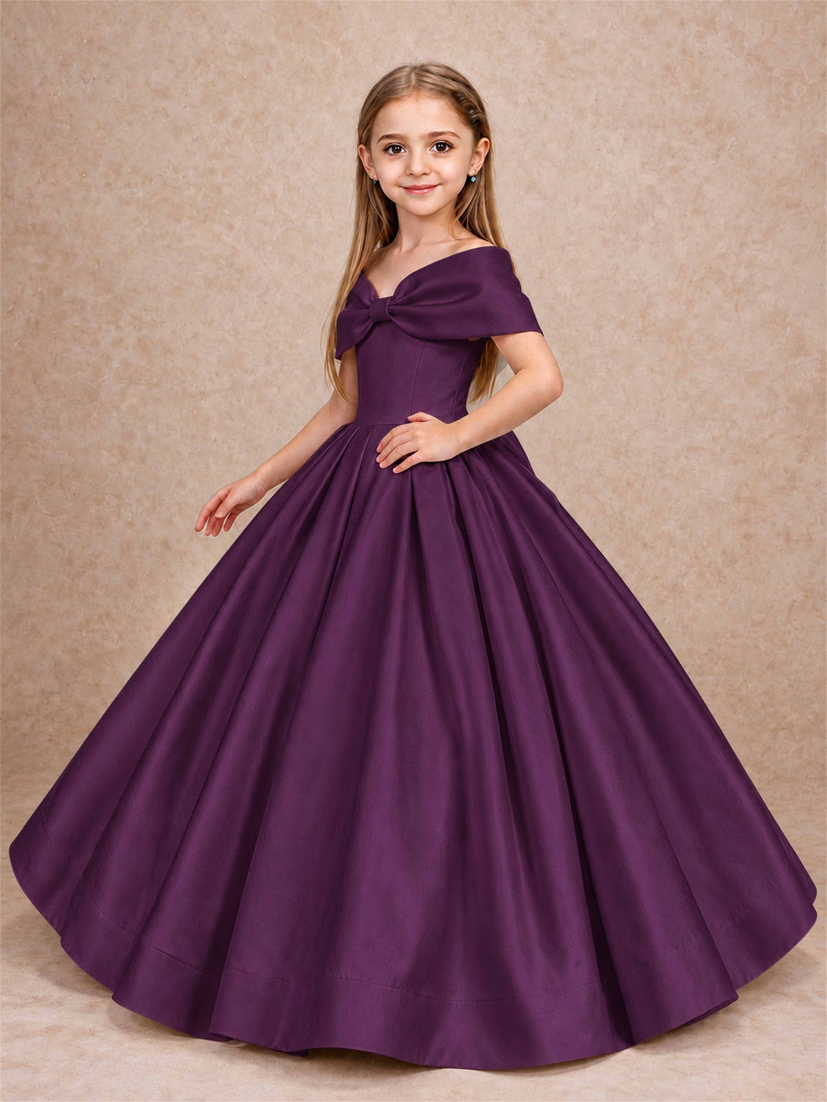 Off Shoulder Satin Flower Girl Dress with Bow Floor Length Princess Gown for Wedding First Communion