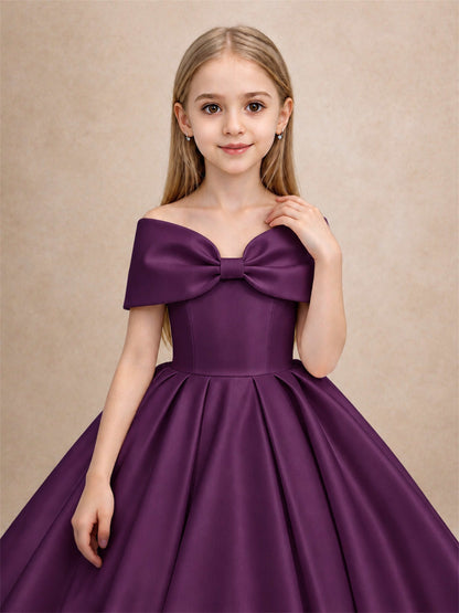 Off Shoulder Satin Flower Girl Dress with Bow Floor Length Princess Gown for Wedding First Communion
