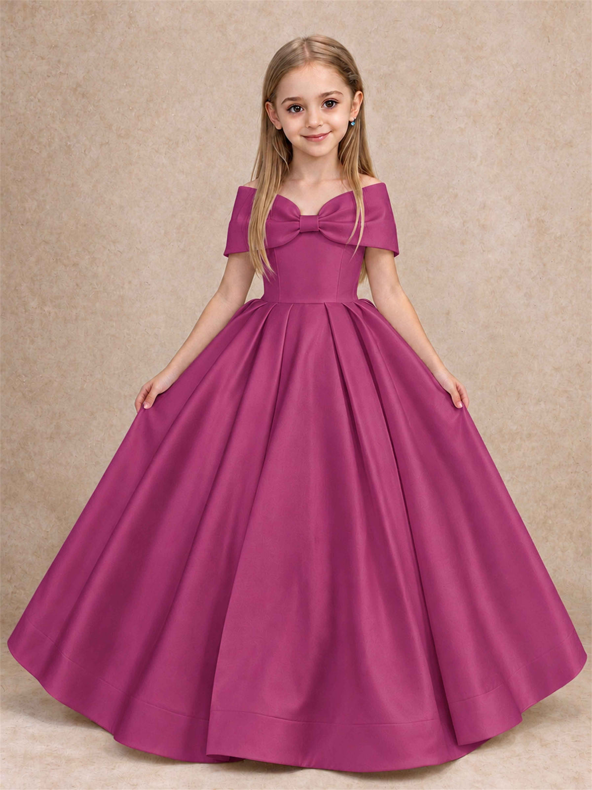 Off Shoulder Satin Flower Girl Dress with Bow Floor Length Princess Gown for Wedding First Communion