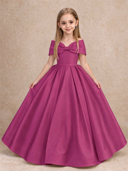 Off Shoulder Satin Flower Girl Dress with Bow Floor Length Princess Gown for Wedding First Communion
