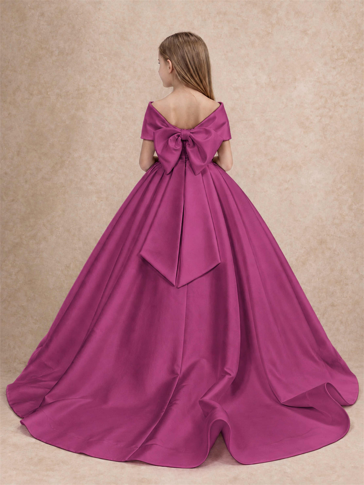 Off Shoulder Satin Flower Girl Dress with Bow Floor Length Princess Gown for Wedding First Communion