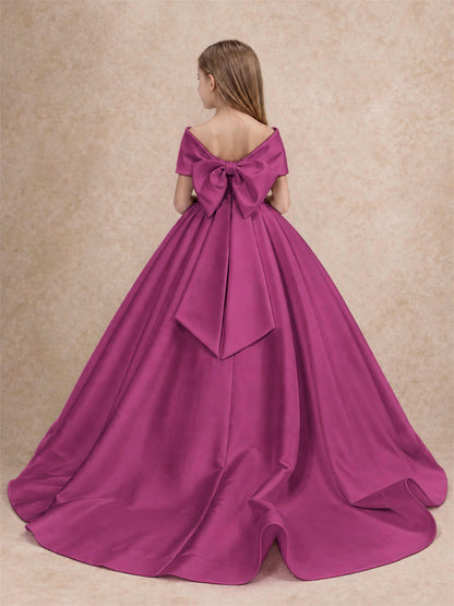 Off Shoulder Satin Flower Girl Dress with Bow Floor Length Princess Gown for Wedding First Communion