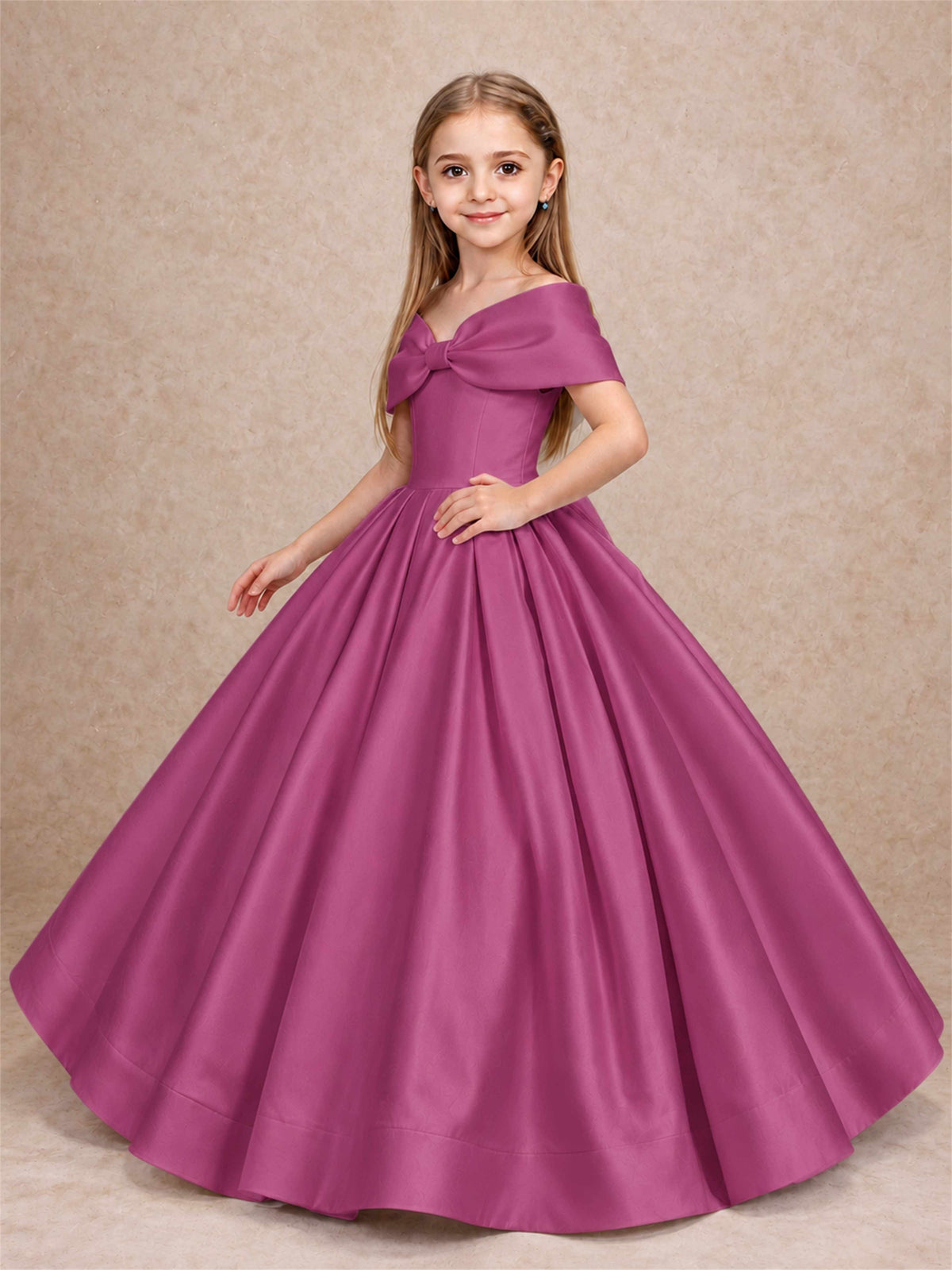 Off Shoulder Satin Flower Girl Dress with Bow Floor Length Princess Gown for Wedding First Communion