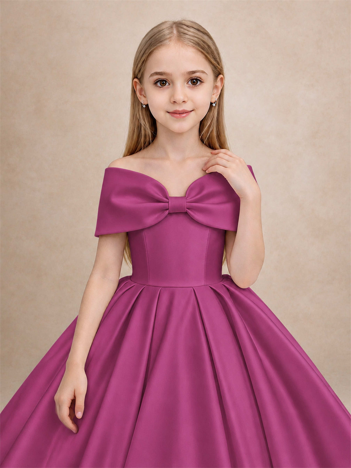 Off Shoulder Satin Flower Girl Dress with Bow Floor Length Princess Gown for Wedding First Communion